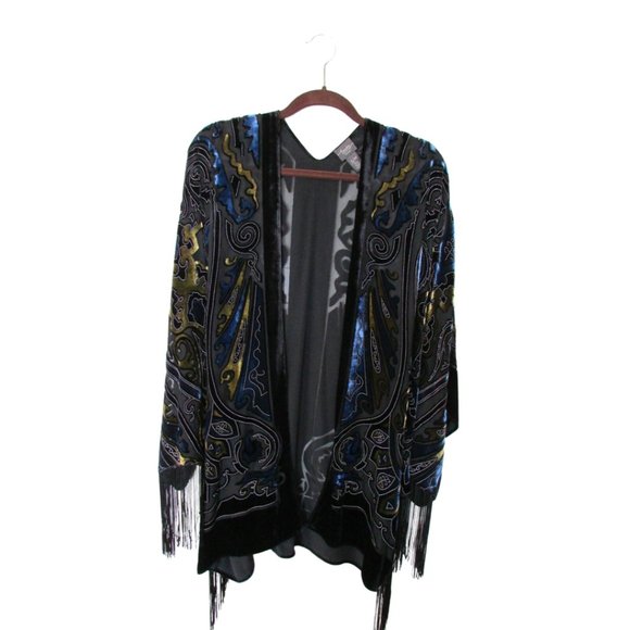 Chico's Jackets & Blazers - Chico Travelers Collection Fringed Evening Jacket Multi Blue and Black